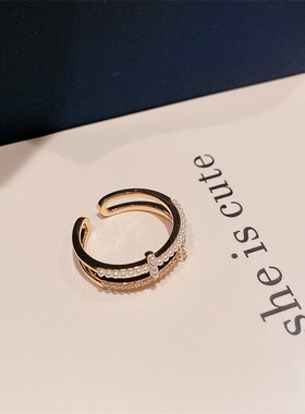 精致锆石双层戒指女轻奢小众设计高级感排钻O食指戒开口可调节指