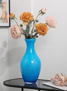现代艺术蓝色海洋玻璃花瓶摆x件轻奢客厅酒店餐桌玄关插花水培花