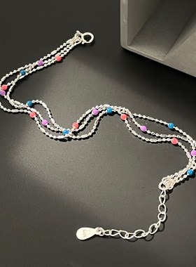 925纯银三层彩色豆豆圆珠链条手链女简约小巧彩虹滴油手环B6713