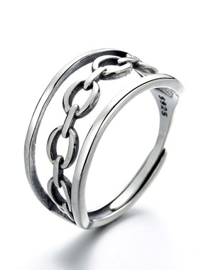 s925纯银锁链链条戒指韩版简约复古做旧时尚个性男女食指戒