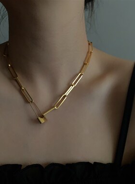 欧美ins风项链 网红复古做旧链条choker金色锁扣别针链条颈链项链