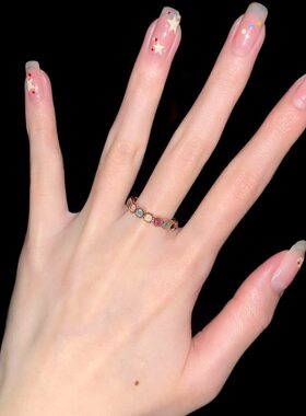 zoozmini碧玺彩虹戒指甜酷风饰品宝石指环小众设计镀金可调节指圈