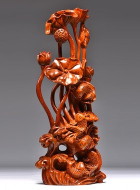 花梨木雕年年有鱼根雕红木家居荷花玄关摆件装饰开业乔迁红木礼品