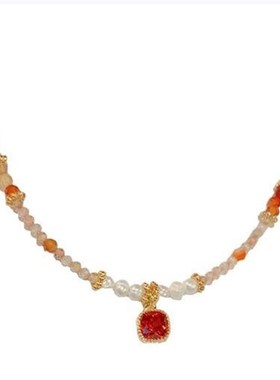 芬达橙色水晶淡水真珍p珠方块锆石吊坠项链百搭小众INS颈链锁骨链