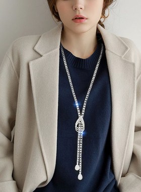 韩版新款大气爪链水滴闪钻毛衣链女长款简K约百搭网红珍珠项链配