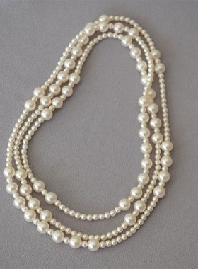 秋冬新潮韩版气质时尚大小珍珠间隔E不规则长款多层叠带项链毛衣