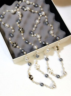 新款时尚韩版欧美经典潮流仿珍珠花朵H气质毛衣链女长款项链女现