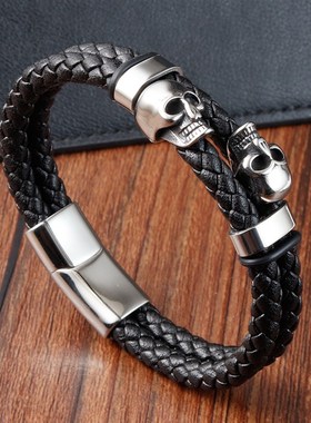 骷髅头不锈钢手链鬼头男士皮革手镯编E织手链手工多层真皮L20198