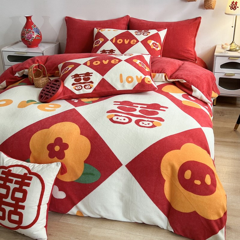 婚庆牛奶绒四件套秋冬加厚珊瑚绒床单被罩K大红色结婚喜被套件 - 图0
