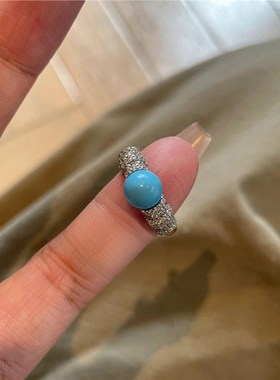 S925银中古拉j丝宽面海纹石戒指女轻奢高级感指环叠戴绿松石食指