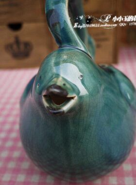 【蓝釉：提梁款雀鸟水壶】北欧乡村地中海 花园摆设 时尚家居饰品