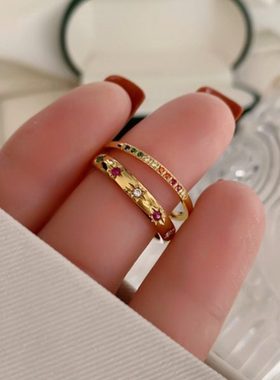 大码戒指女胖MM彩虹锆石镶钻叠戴高级感小众戒指胖人粗手食指指环