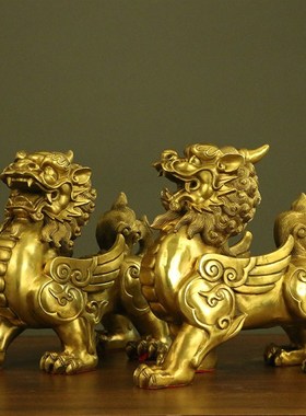 铜貔貅摆件一对黄铜招财貔恘翅膀皮丘飞天客厅办公室开业礼品大号