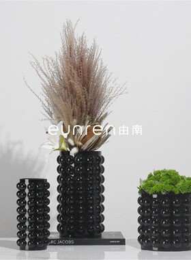 现代简约黑色干花花器创意摆件客厅家居泡泡波点透明玻璃花瓶装饰