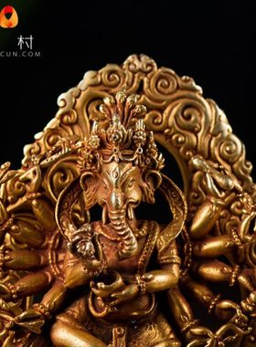 十二臂象鼻财神 佛事用品尼泊尔手工4寸全鎏金全铜象鼻天障碍神
