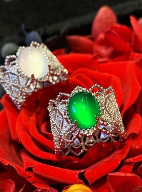 新款镀S925银蕾l丝复古仿冰种仿玉髓戒指绿玉髓送好友百搭厂家