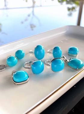 睡美人仿松石面包方戒指高瓷高蓝蓝仿绿松石戒指简单包镶镀.S925