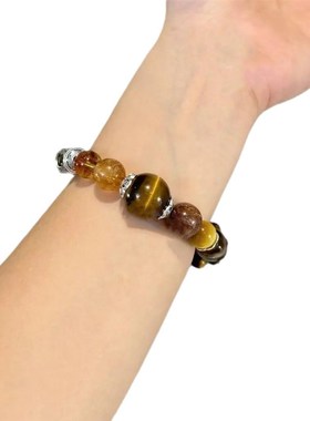 钱途无量藏式三眼珠q超七金发晶金银山水晶手串女虎眼石