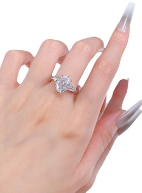 新款新款925银高碳钻冰花切8*12F鸽子蛋欧美ins风婚戒戒指环女