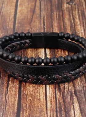 天然石火山石皮手链 不锈钢皮革编织C手镯 多层男士钛钢首饰L2012