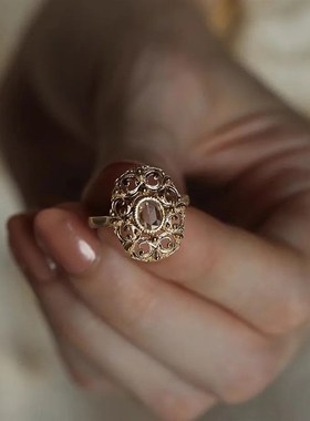 新款热卖高档镀925银q镶嵌仿玫瑰切工艺镂空复古雕花戒指宫廷风女