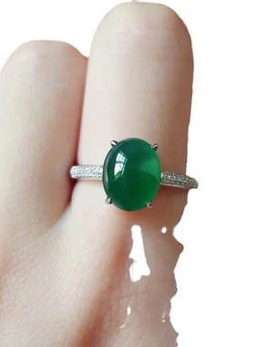 珠宝时尚热卖款925银镶嵌高冰绿玉H髓气质款大蛋面6*8mm戒指