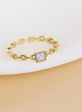 S925h银简约小方糖链条戒指女小众轻奢开口食指环ins潮指戒