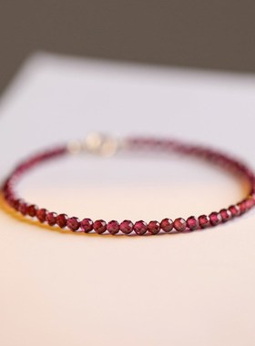 水晶手链极细3kmm天然酒红石榴石手链女14K金细款手饰现货