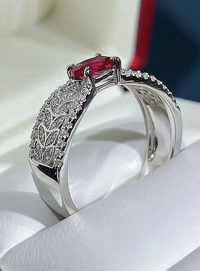 珠宝 2023新款925银时尚百搭欧美风仿真红宝V石麦穗镂空戒指