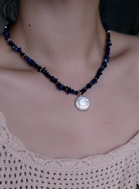 巴洛克异形e淡水珍珠项链不规则青金石碎石颈链法式复古气质锁骨