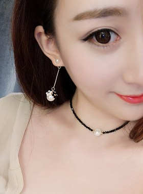 日韩网红脖链气质时尚黑色u水晶短款珍珠锁骨链项链颈链颈带项圈