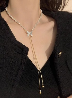 甜美高级感珍珠拼k接蝴蝶流苏珍珠项链女抽拉可调节时尚夏季锁骨