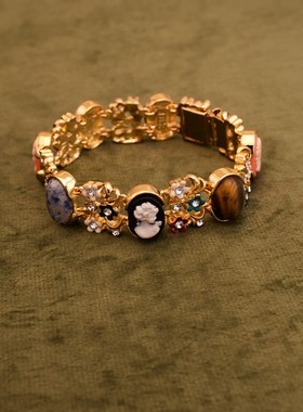 中古Vintage复古卡梅A奥雕天然石浮雕珐琅女士手链