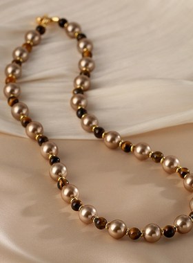 美拉德高级感虎眼石珍珠项链长款毛D衣链小众女秋冬串珠金属扣颈