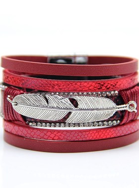 2022跨境g欧美热卖 羽毛皮质编织女士多层手链 个性树叶磁扣手镯