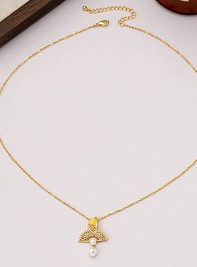 新款国潮新中式古风雪花秘折扇项链镶珍珠百搭锁骨V链汉服旗袍配