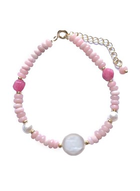 巴洛克纽扣方块淡水珍珠粉色蔷薇石手链女气质网红V多巴胺串珠手