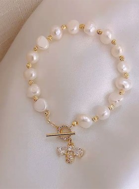 巴洛克淡水珍珠微镶锆石小蜜v蜂手链冷淡风手环ins时尚简约手串女