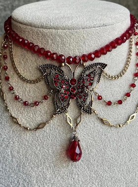 甜酷气质红色水晶串珠蝴蝶流苏项A链女轻奢复古夸张个性小众锁骨