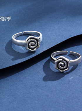新银季2025年新款网红s925纯银玫瑰花开口戒指女复古可调节指环戒