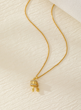 六字真言黄金吊坠女中国风拨浪鼓项链纯银轻奢毛衣链金包银转经轮