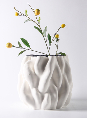 现代极简约d家居褶皱黑白花瓶摆件样板房间客厅售楼部荷叶花器装