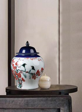 新中式陶瓷喜鹊梅花纹喜上眉梢摆件家居瓷器玄关博古架客厅装饰
