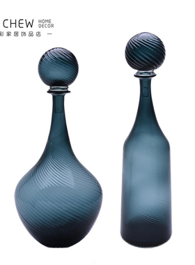 现代轻奢手工北欧风灰绿色条纹带盖子玻璃花瓶酒店客厅W玄关茶几