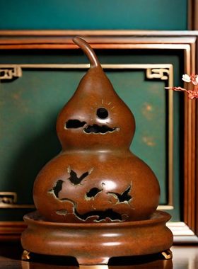 仿古纯铜鎏金葫芦香炉香薰炉铜器工艺品家居办公室吧台装饰摆件