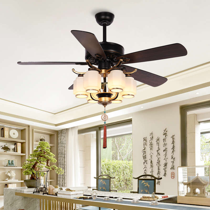 新中式风扇灯客厅吊扇灯餐厅灯扇一体家用复古木叶静音卧室电扇灯 - 图3