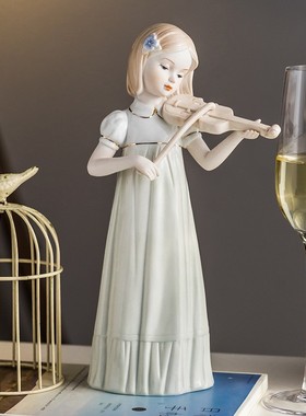 西洋女孩拉小提琴陶瓷雕塑摆件酒柜电视柜K装饰工艺品家居饰品摆
