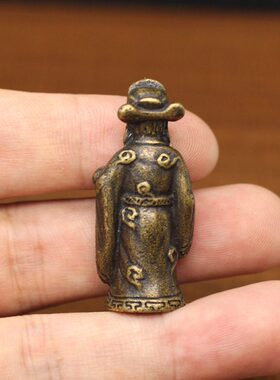 复古实心黄铜如意元宝小财神迷你纯铜财神小摆件古玩铜器办公桌面