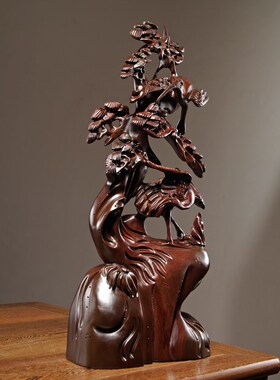 黑檀木松鹤延年根雕摆件红木雕刻工艺品家居客厅装饰生日贺寿送礼