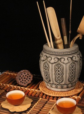 个性十吉祥砖雕笔筒 茶筒收纳A中式复古功夫茶具 茶道茶艺六君子